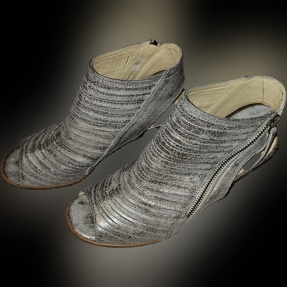 Paul Green Leather Pewter Stacked Sandals Zip Enry Size 6.5 Very Lightly Worn - Picture 5 of 14